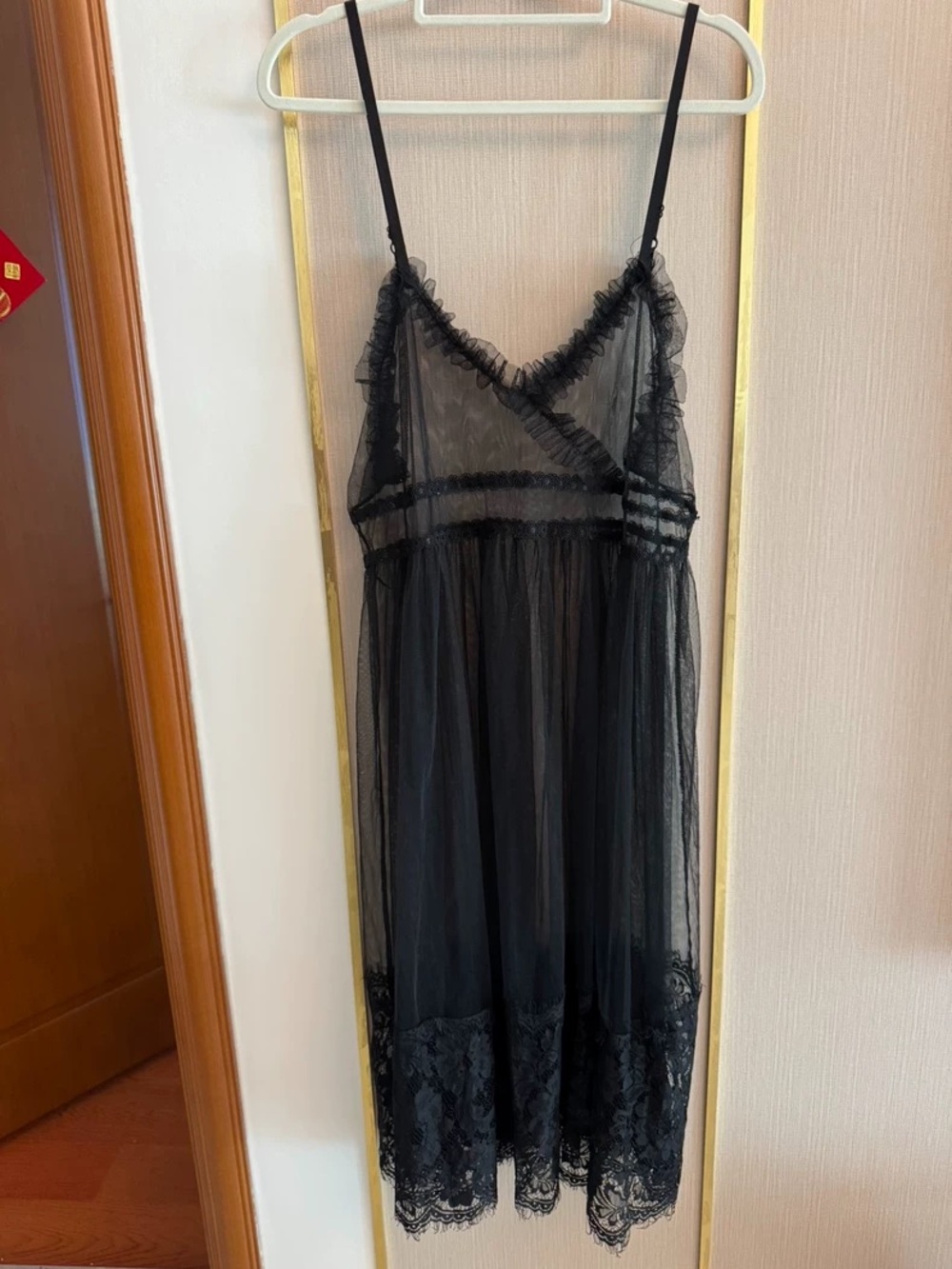 Sheer Lace-Trim Slip Dress - Black